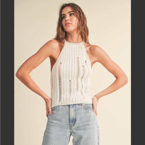 Miou Muse Tops - Cream Distressed Sleeveless Knit Top